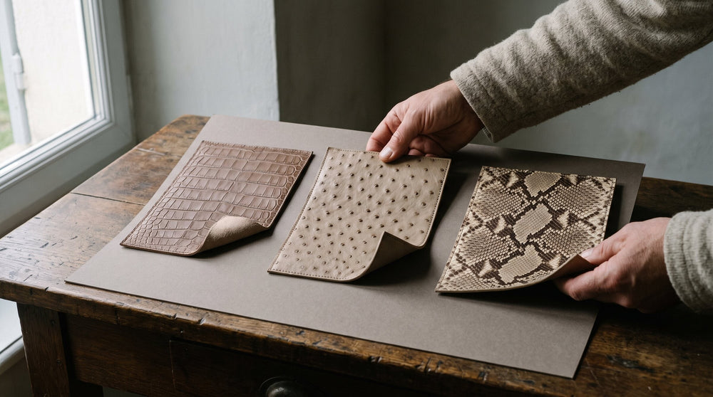 Three tanned leather samples on gray card, crocodile belly, ostrich with quill bumps and python, corners turned back
