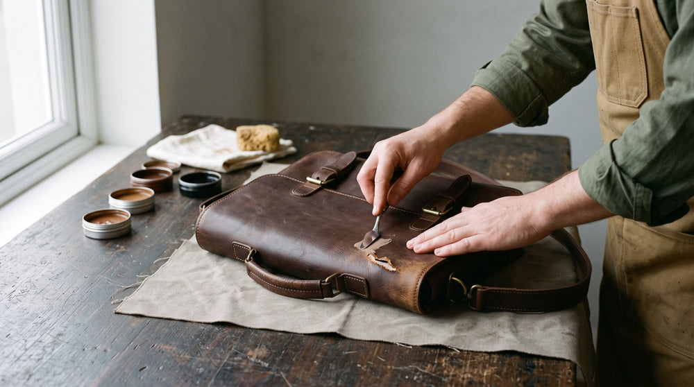 Hands smoothing filler over a tear in a dark brown leather satchel with a palette knife, small tins of color to the side