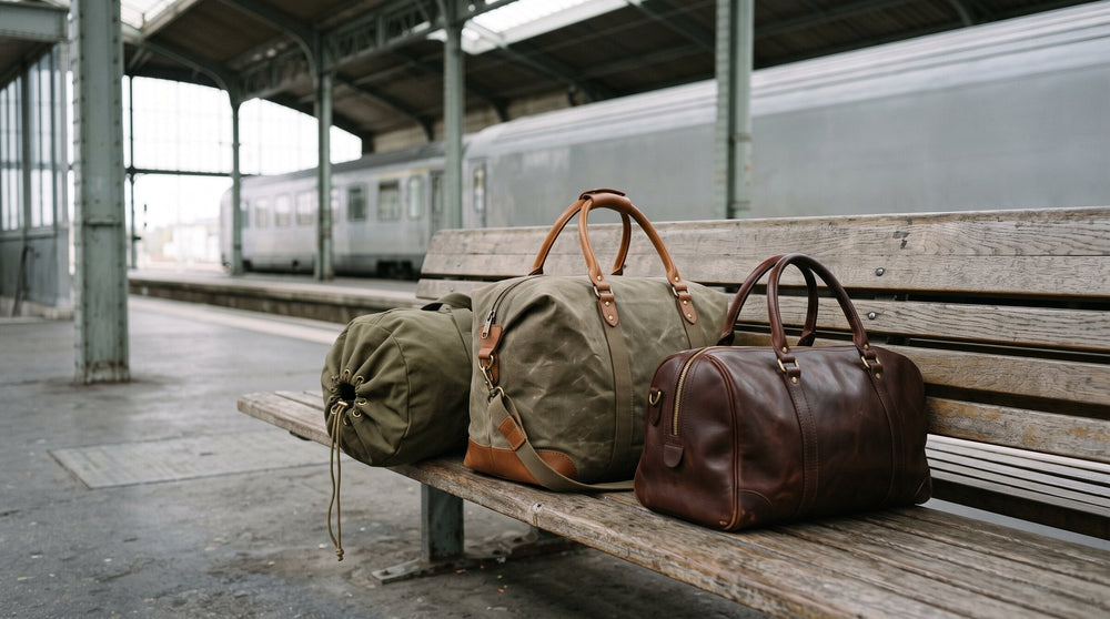 Drawstring canvas duffle, waxed canvas weekender with leather corners and brown leather overnight bag on a station bench