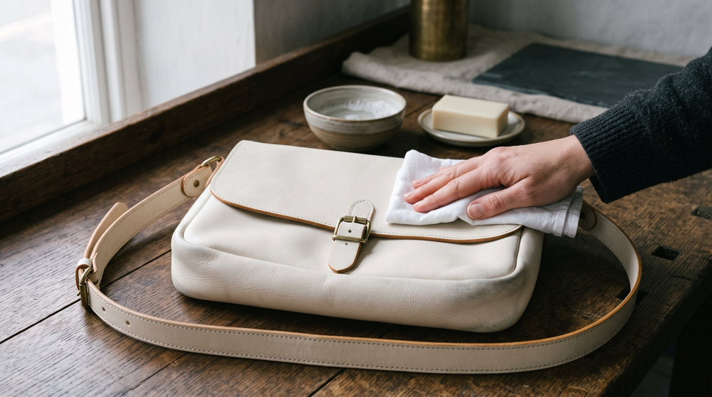 Hand wiping the flap of an ivory leather messenger bag with a white cotton cloth, a soap bar and bowl of water behind