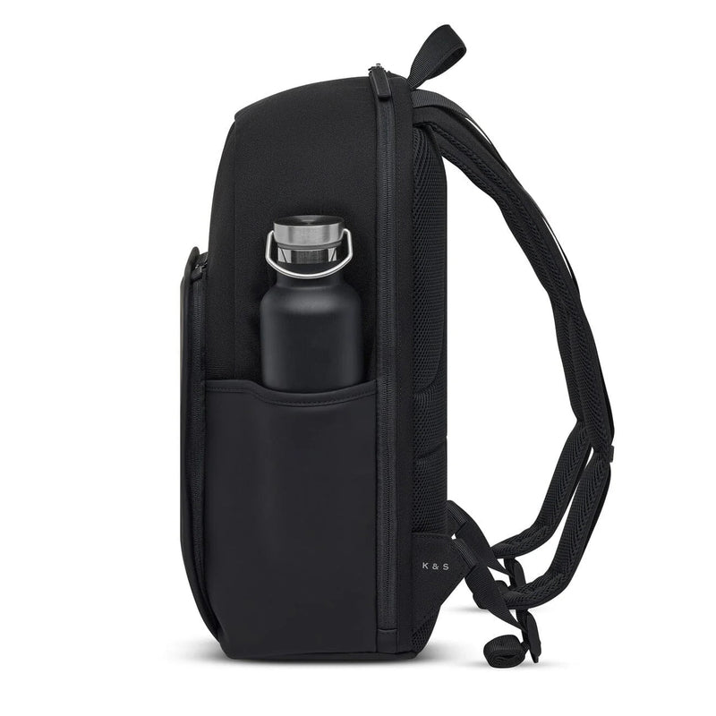 Side pocket holding a water bottle, easy access while wearing the backpack