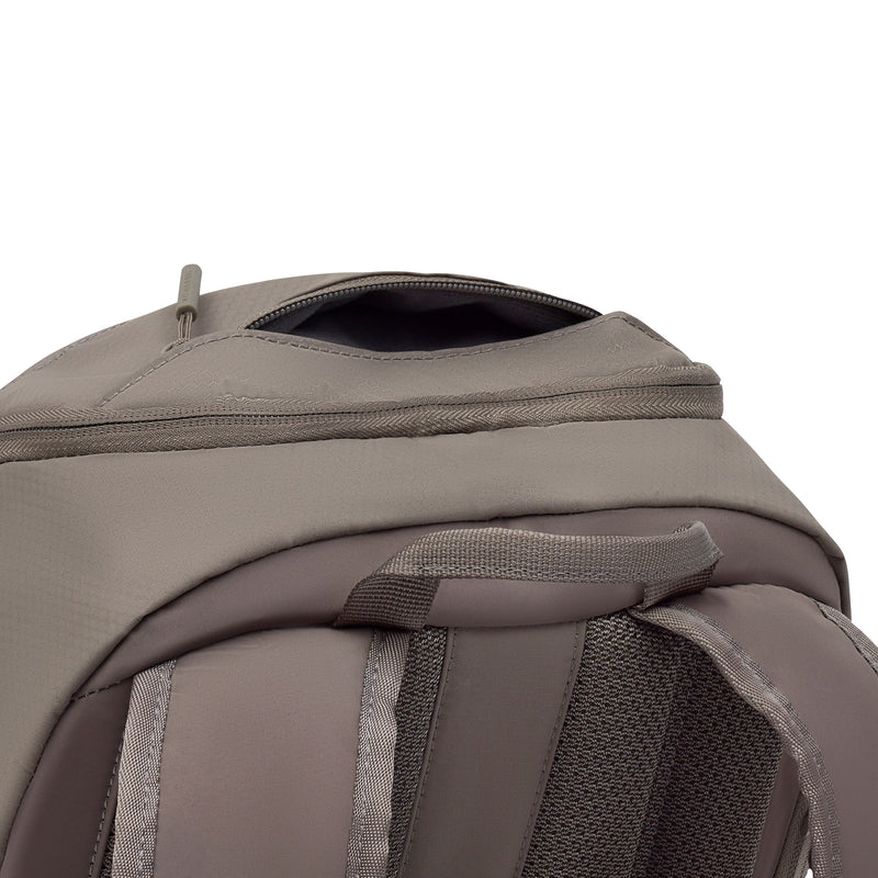 Taupe pack from above: grab handle and the small zipped top pocket, open