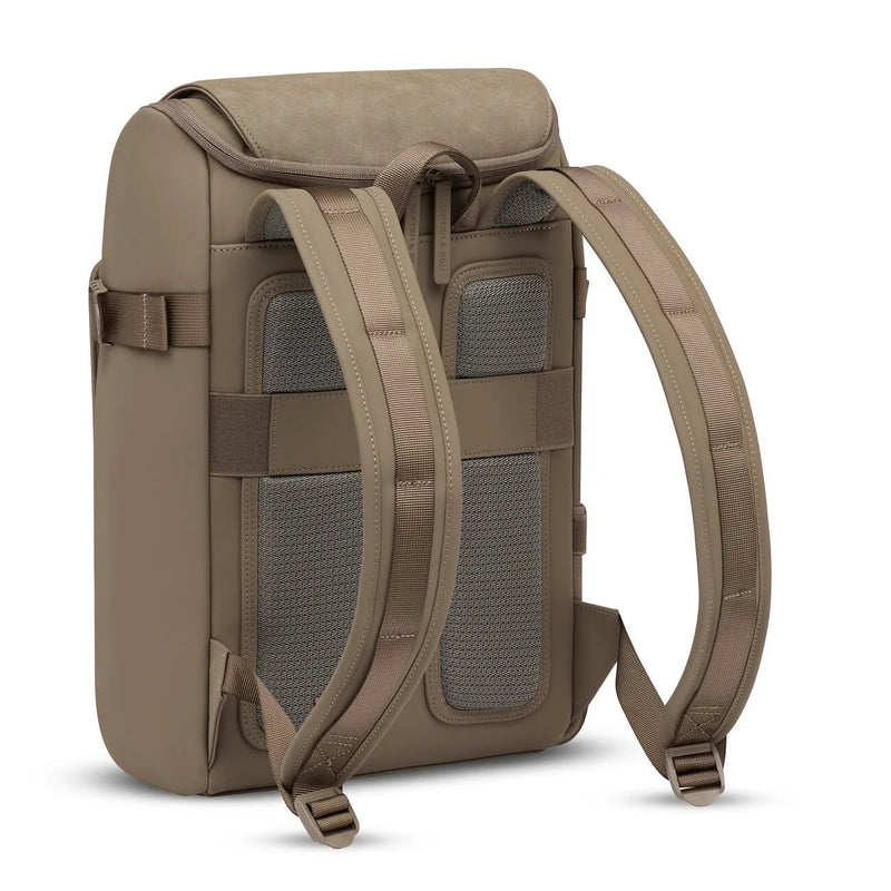 Mesh-covered padded back panel and padded adjustable shoulder straps on the walnut Bali Medium