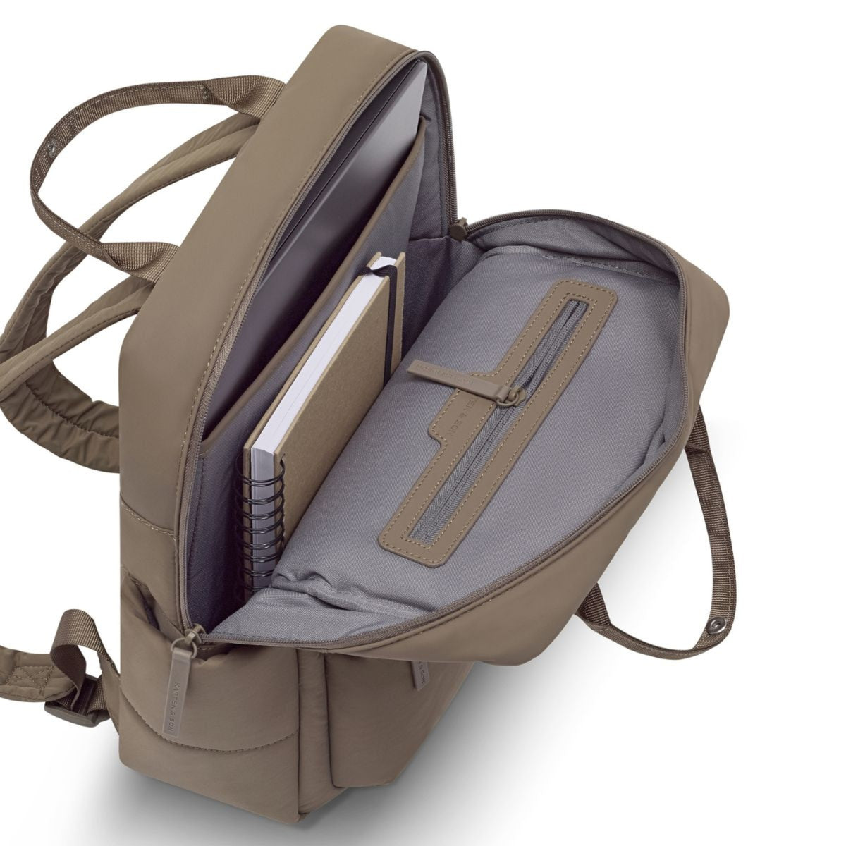 Open Bergen Cloud backpack in walnut with padded laptop compartment and grey lining