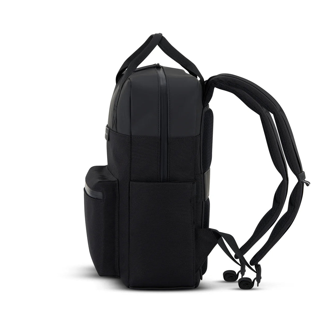 Side profile with slim silhouette and padded adjustable straps