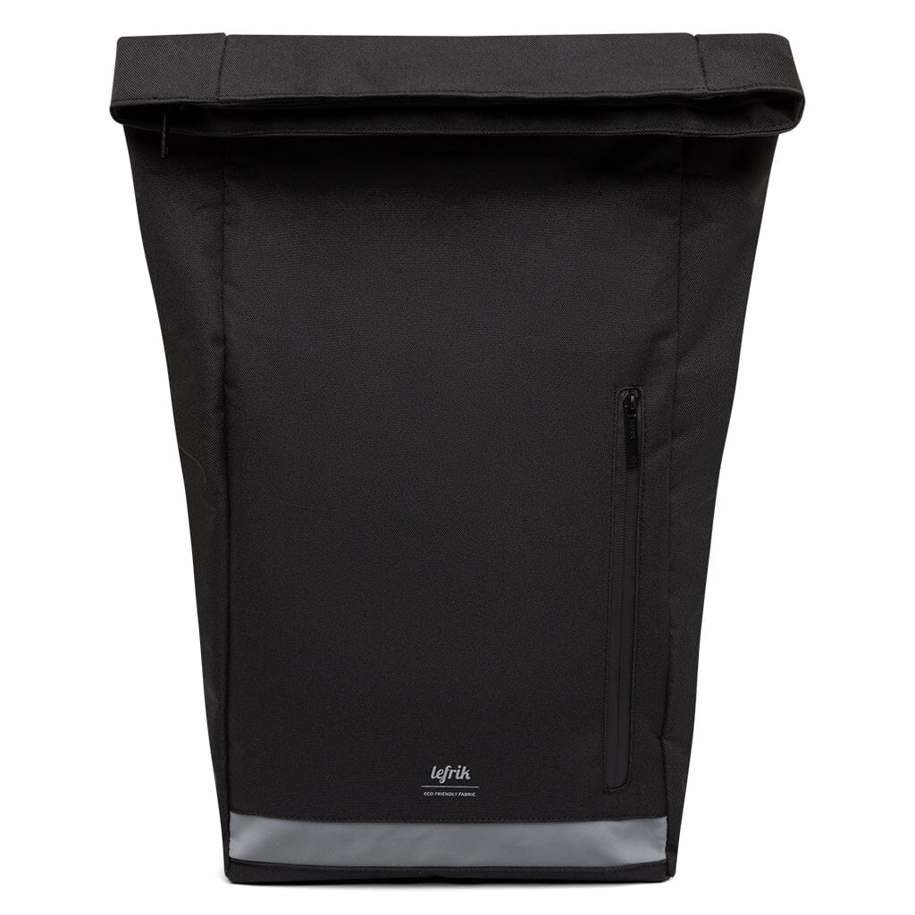 front view with unrolled roll top of the black eco friendly laptop backpack from Lefrik brand