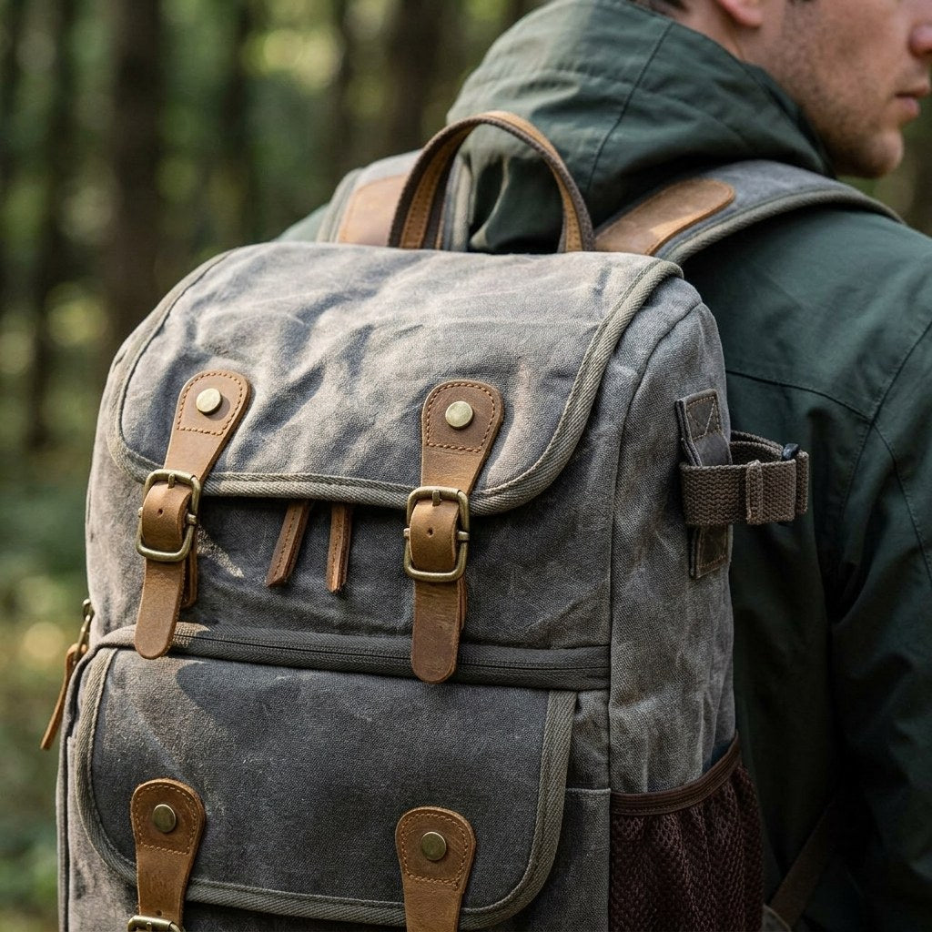 Close three-quarter view of the army green Vilnius canvas camera backpack worn in a forest, showing the crazy horse leather straps, brass buckles and top grab handle — Eiken Vilnius
