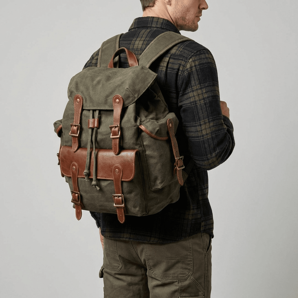 Man wearing the army green Chamonix vintage backpack on his shoulders, leather strap closures and twin front pockets visible