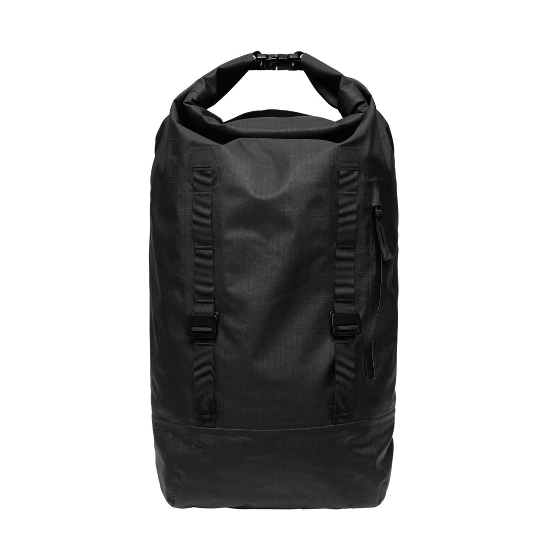 DB Journey Essential Rolltop Backpack 32L in Black, front view with the roll-top closed