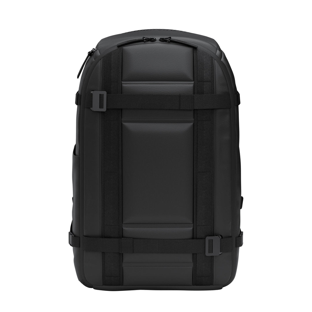 DB Journey Ramverk Pro Backpack 32L in Black, front view with the large top pocket and adjustable front straps
