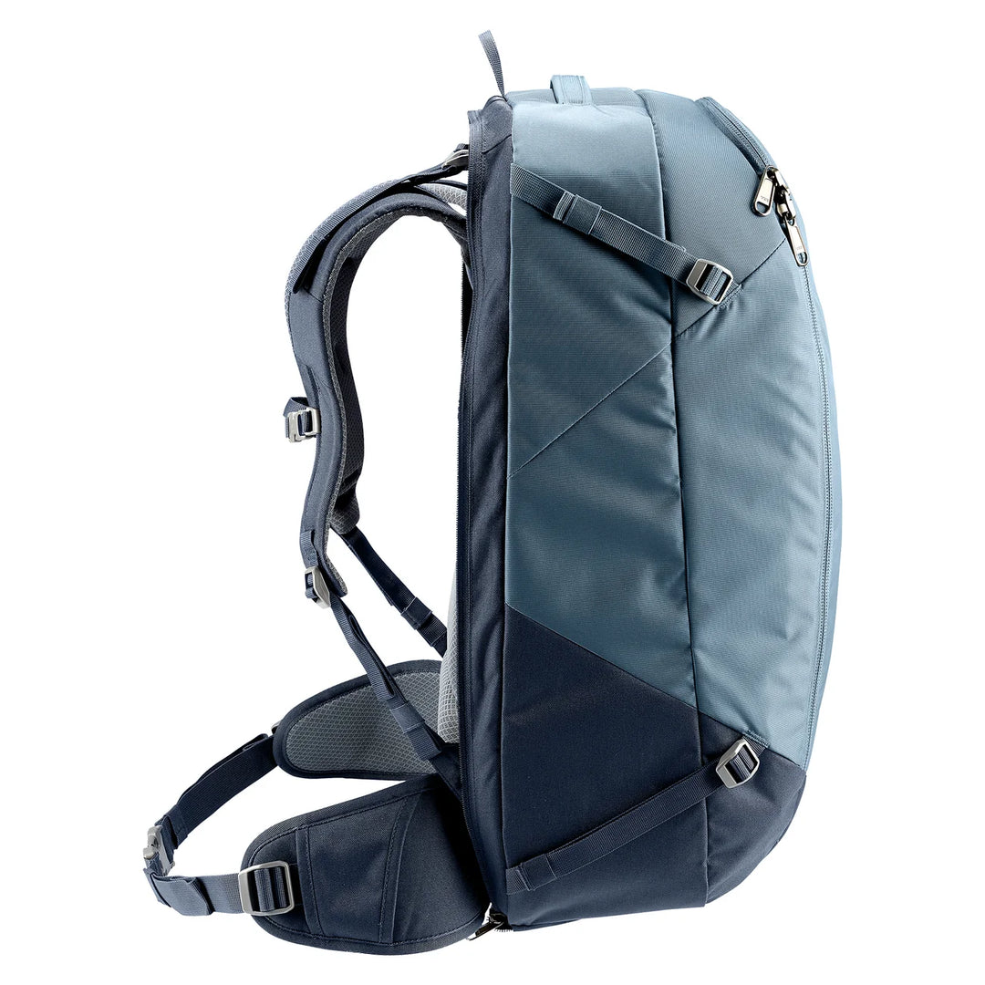 Side view showing shoulder straps and hip belt in Atlantic Ink