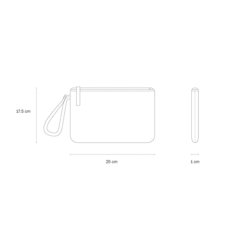 Size guide sketch of the Essentials Pouch: 25&nbsp;cm wide, 17.5&nbsp;cm high and 1&nbsp;cm deep
