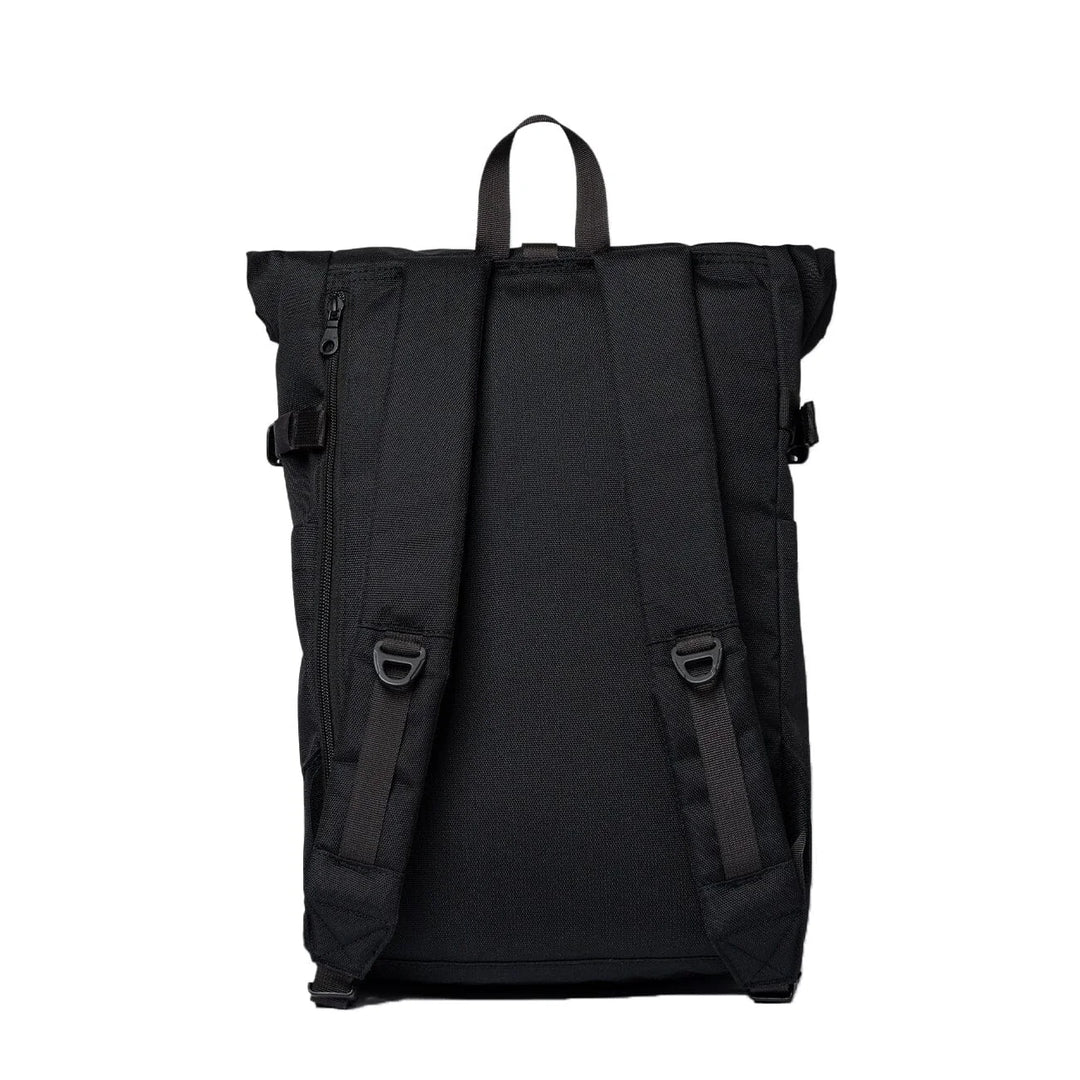 Back view of the black Icon Rolltop 14" with padded shoulder straps and laptop sleeve zip