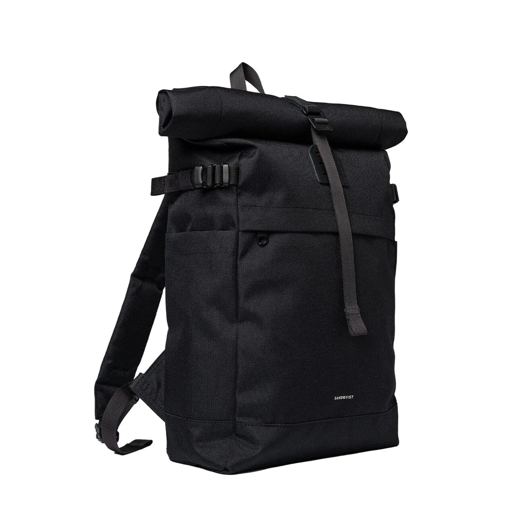 Black Icon Rolltop 14" backpack side view with elastic side bottle pocket