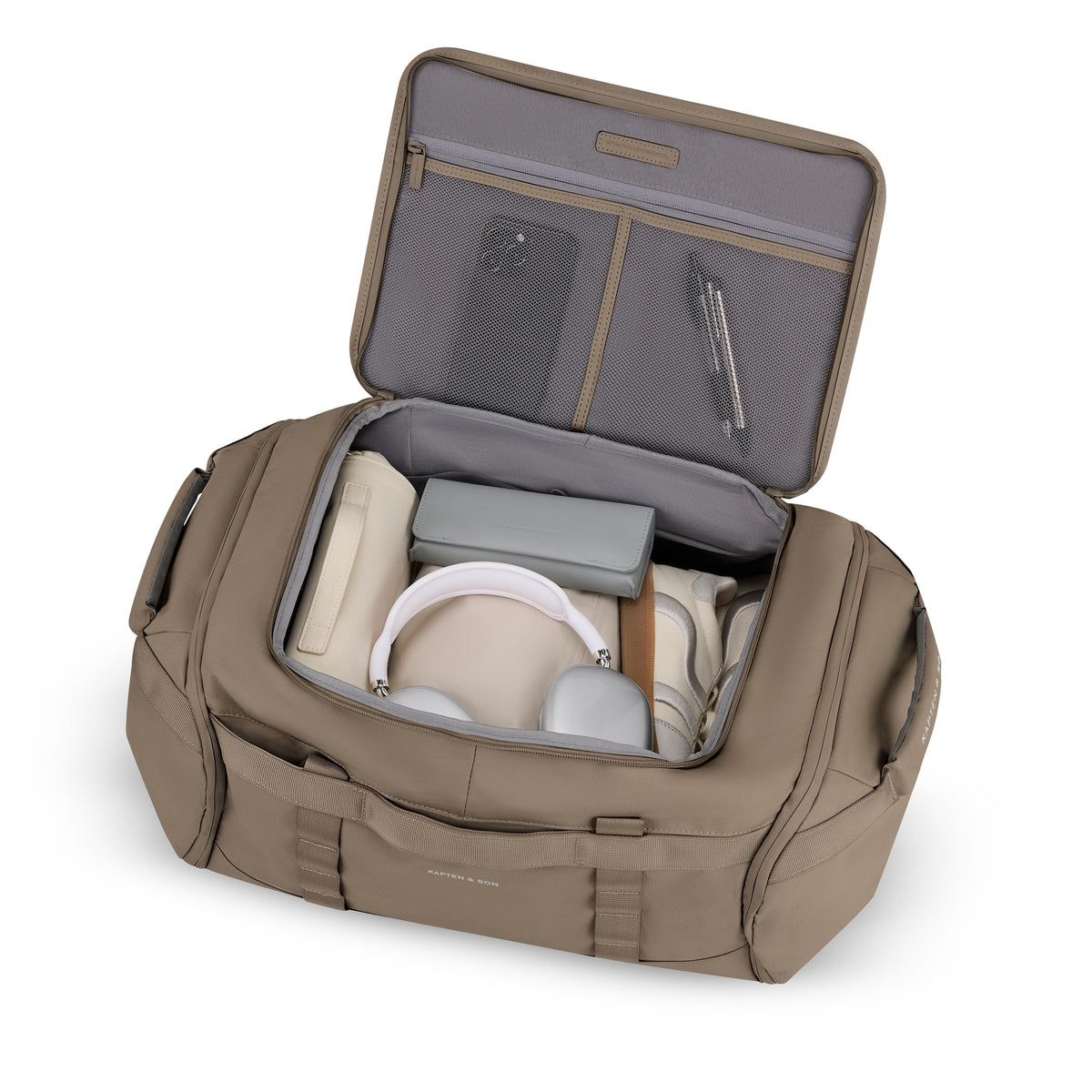 Walnut Lisbon Duffle Backpack Medium opened and packed for a few days away