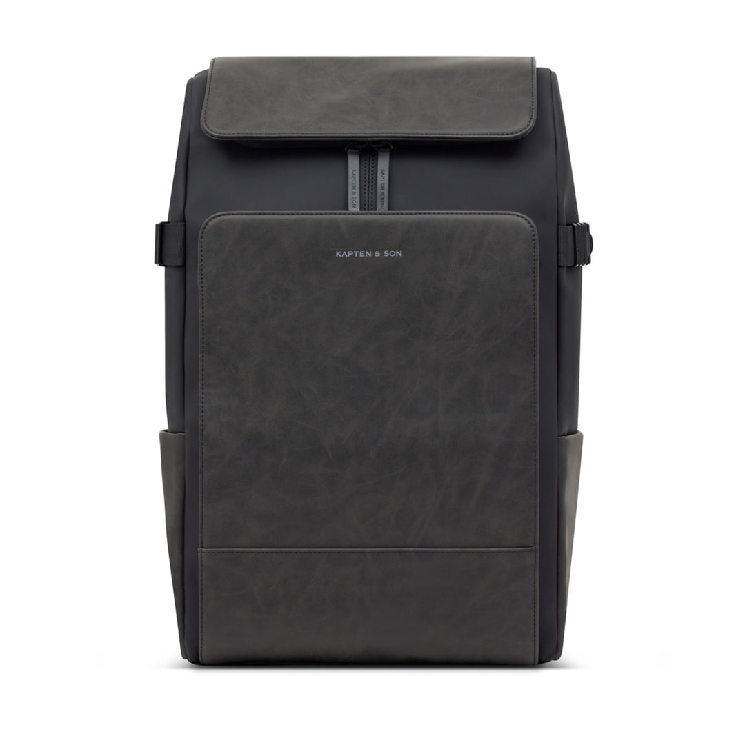 Kapten & Son Bali Pro backpack in black, front view with the textured flap and the Easy Access front panel