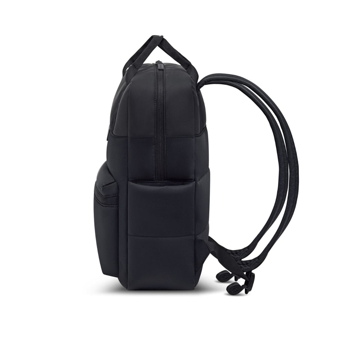 Bergen Cloud backpack in black, side profile showing the quilted puffy body