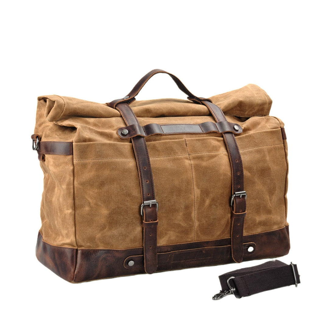 khaki waxed canvas duffle bag lateral view