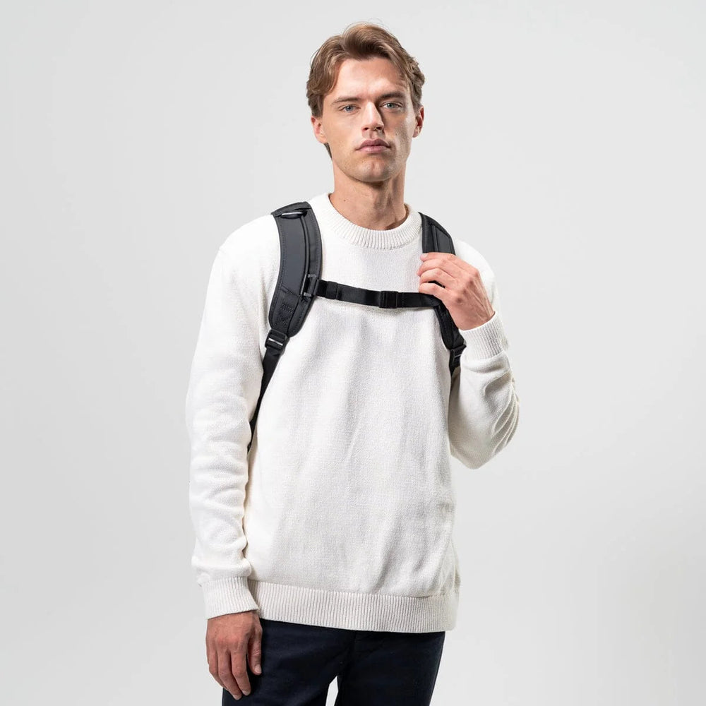 Front view of the model showing the chest strap fastened across