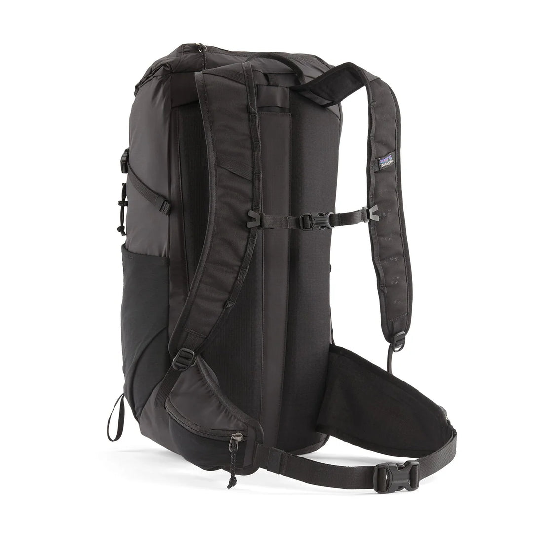 Patagonia Terravia Pack 28L Black — back panel with padded straps, sternum strap, and hip belt