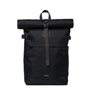 Sandqvist Icon Rolltop Backpack 14" (formerly Icon M) in black — front view with rolltop and front zip pocket