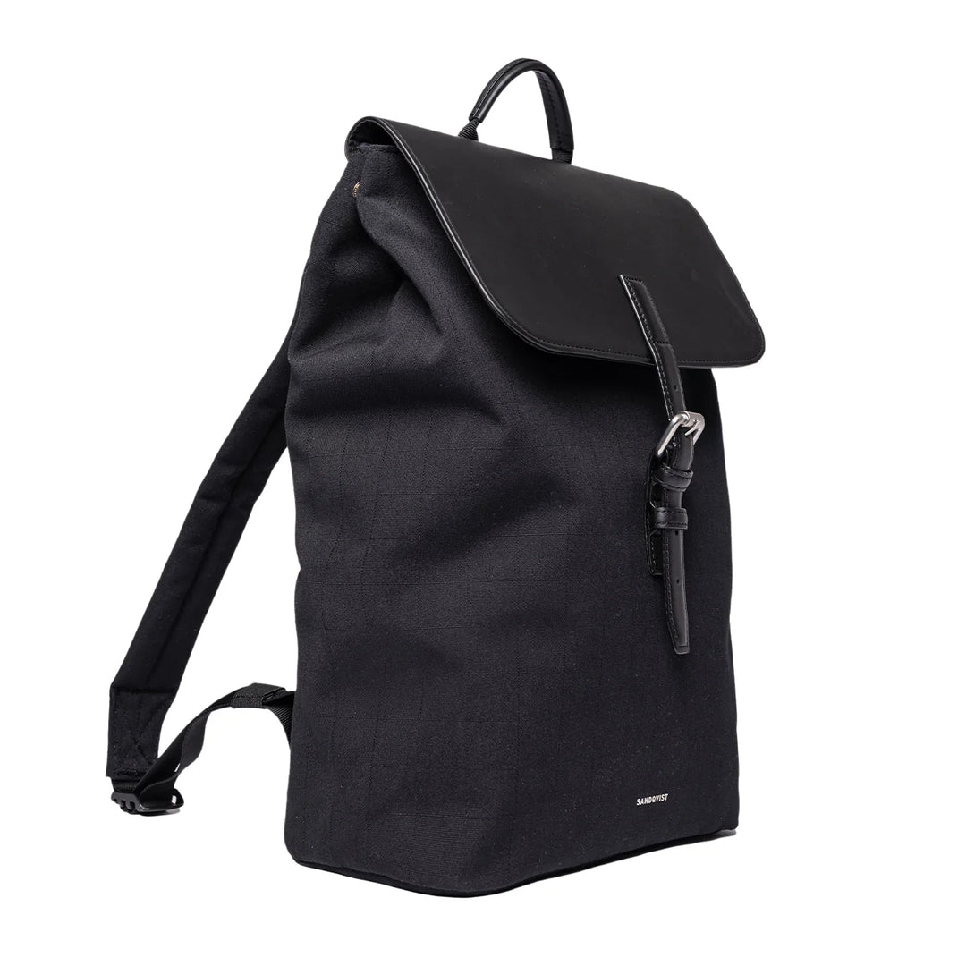 Sandqvist Leather Lid Backpack 14 inch Black — three-quarter angle showing shoulder straps