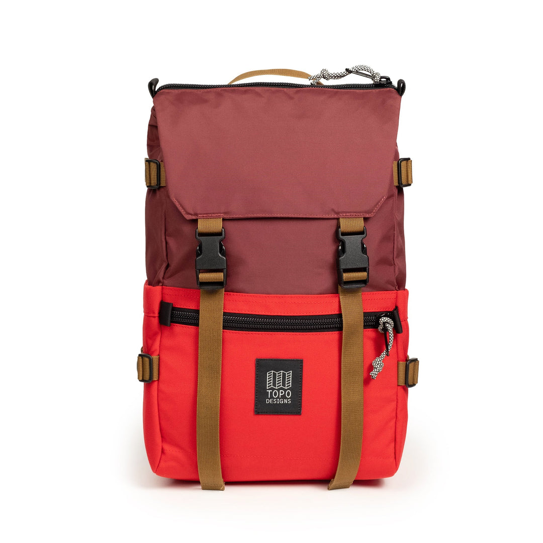 Topo Designs Rover Pack Classic 20L in Maroon and Salsa — front view with cinch buckles and leather logo patch