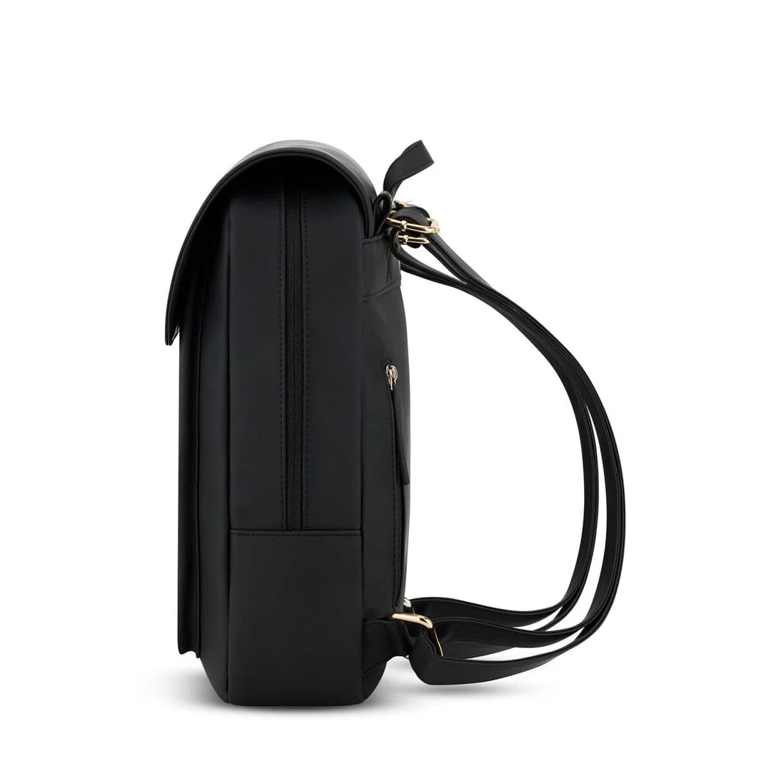 Side profile of the Tromso backpack highlighting the slim depth, the main zip running down the side and gold hardware