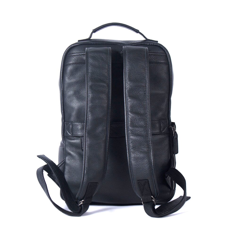 back of the black leather laptop backpack, padded straps and top handle