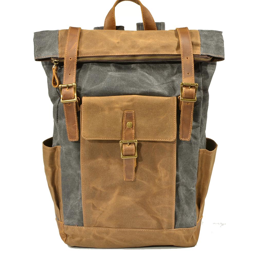 Canvas backpack mens in light grey with crazy horse leather flap and antiqued brass hardware — Varberg