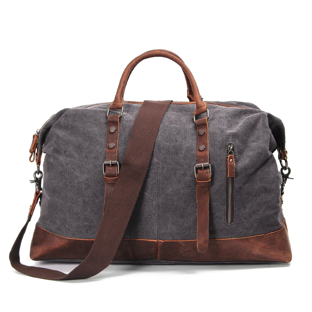 vintage travel bag, light grey, canvas and crazy horse leather
